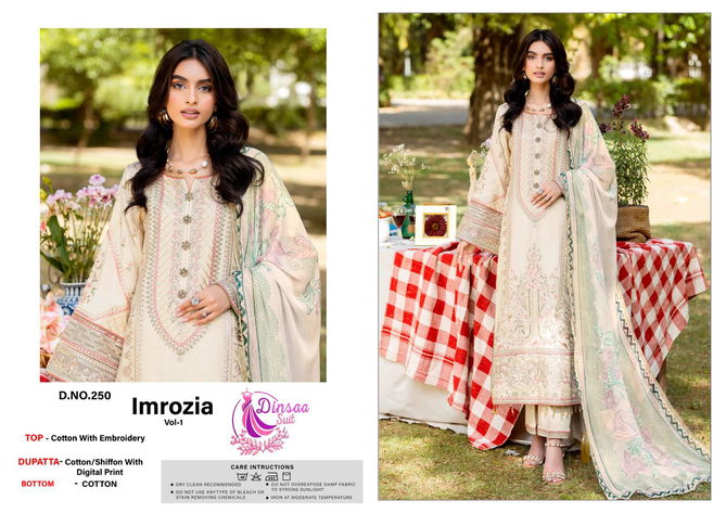 Imrozia Vol 1 By Dinsaa Cotton Embroidery Pakistani Suits Wholesale Market In Surat